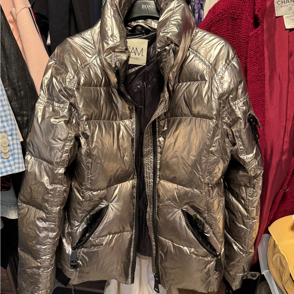 SAM. Silver Puffer Jacket with Metallic Finish and High Collar